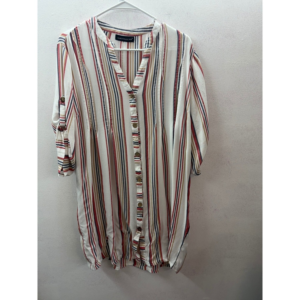 Club Z Collection Womens Rayon Striped Roll Tab Sleeve Button Front Tunic Top